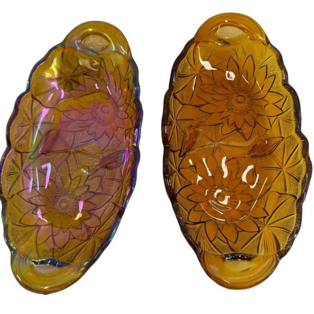 Vintage Indiana Glass Sunflower Carnival Glass Amber Handled 2 Relish Tray Set